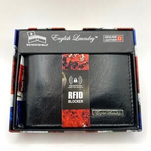 NIB English Laundry RFID Bifold Wallet Men Black Genuine Leather 2 Flip ID Slots